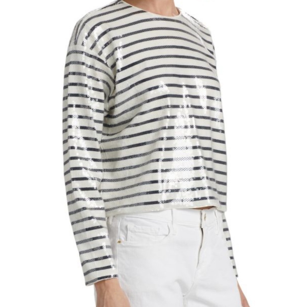 Frame Navy and White Striped Sequin Top